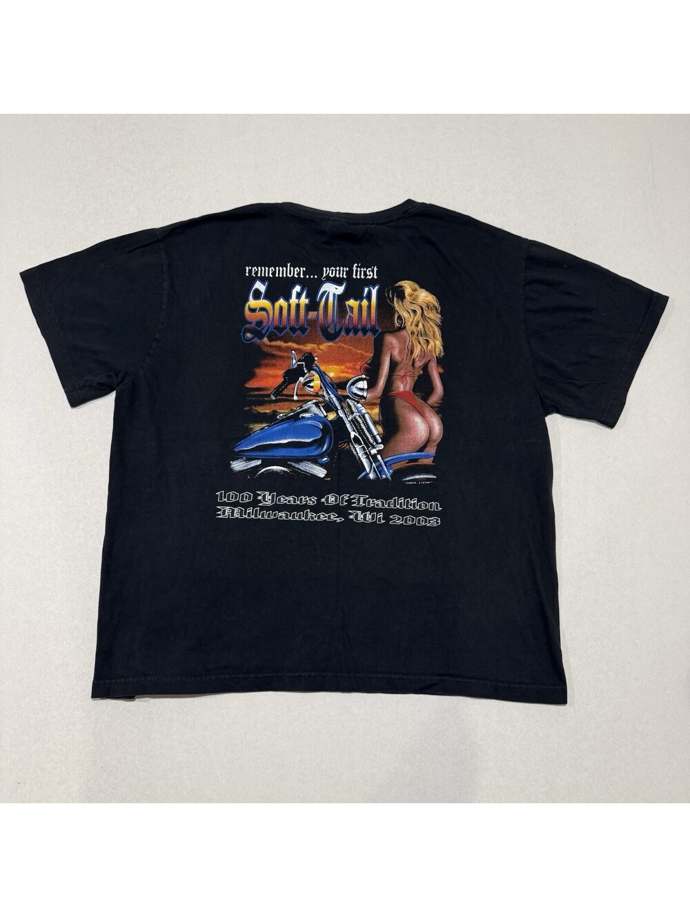 2003 "Remember Your First Soft Tail" Milwaukee WI Motorcycle Shirt Size L Men’s